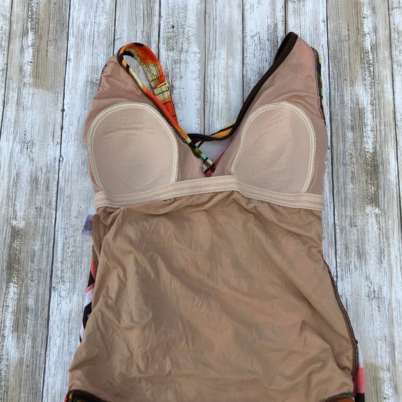 Tara Grinna Swimsuit Sz 14 One Piece Faux Wrap Brown Orange Retro Geometric - Picture 13 of 15